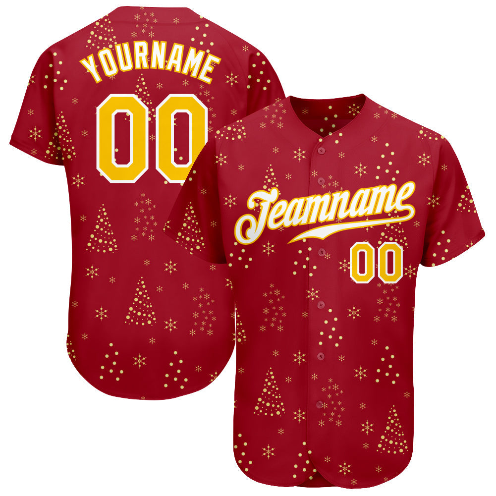 Custom Red Gold-White Christmas 3D Authentic Baseball Jersey baseball jersey product view 1