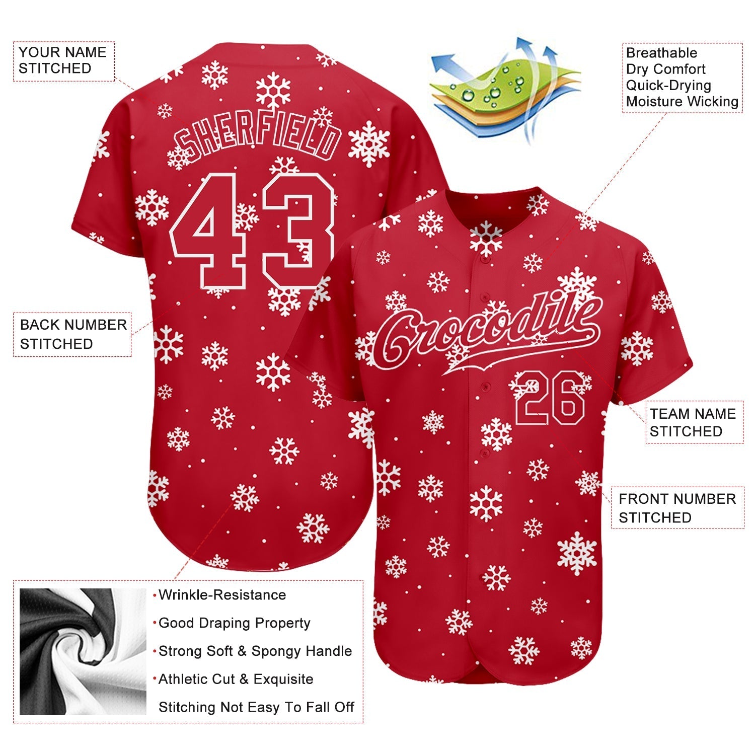 Custom Red Red-White Christmas 3D Authentic Baseball Jersey baseball jersey product view 3