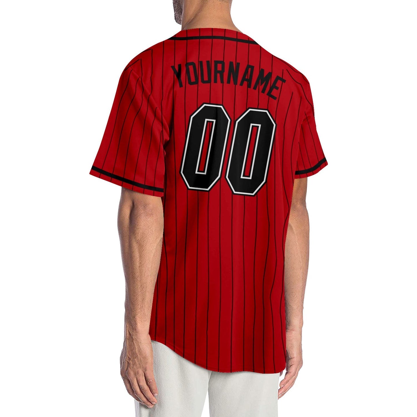 Custom Red Black Pinstripe Black-White Authentic Baseball Jersey baseball jersey product view 2