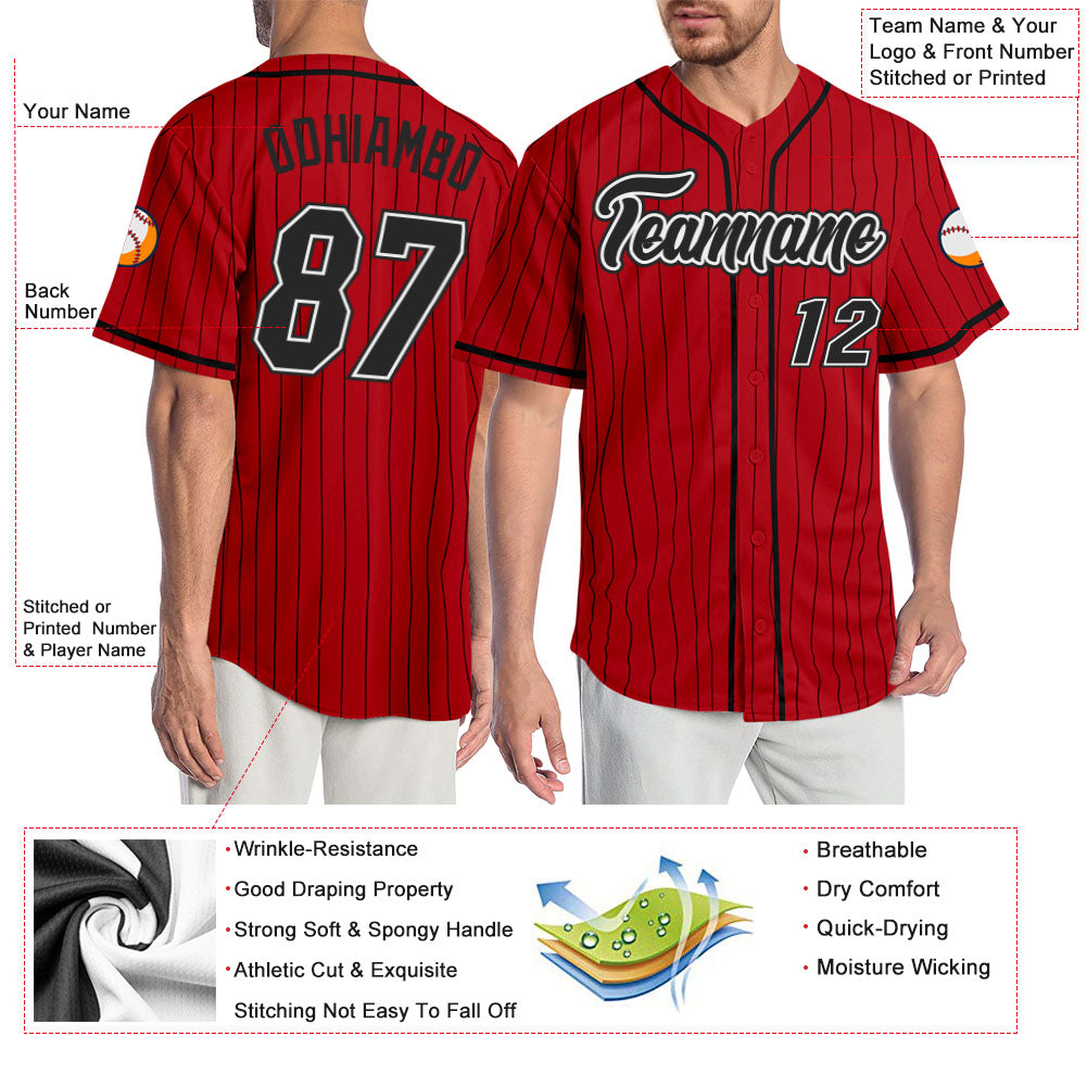 Custom Red Black Pinstripe Black-White Authentic Baseball Jersey baseball jersey product view 3