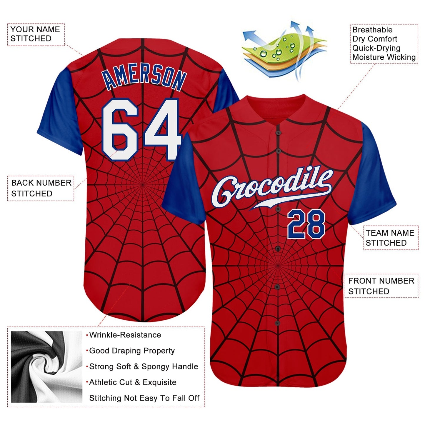 Custom Red White-Royal 3D Pattern Design Spider Web Authentic Baseball Jersey baseball jersey product view 3