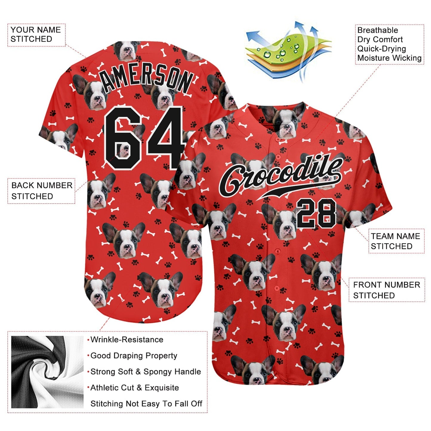 Custom Red Black-White 3D Pattern Design Dogs Authentic Baseball Jersey baseball jersey product view 3