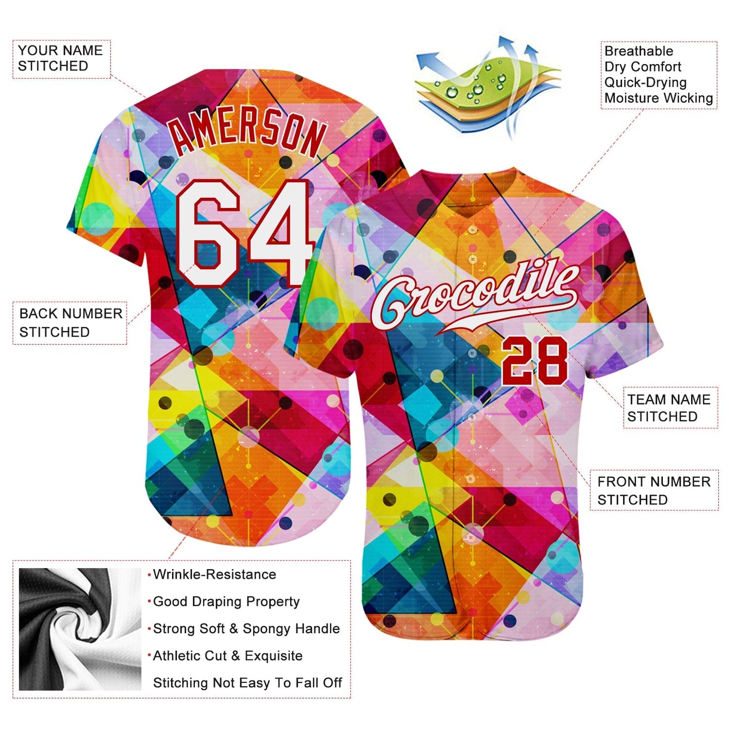 Custom Red White-Red 3D Pattern Design Geometric Graffiti Authentic Baseball Jersey baseball jersey product view 3