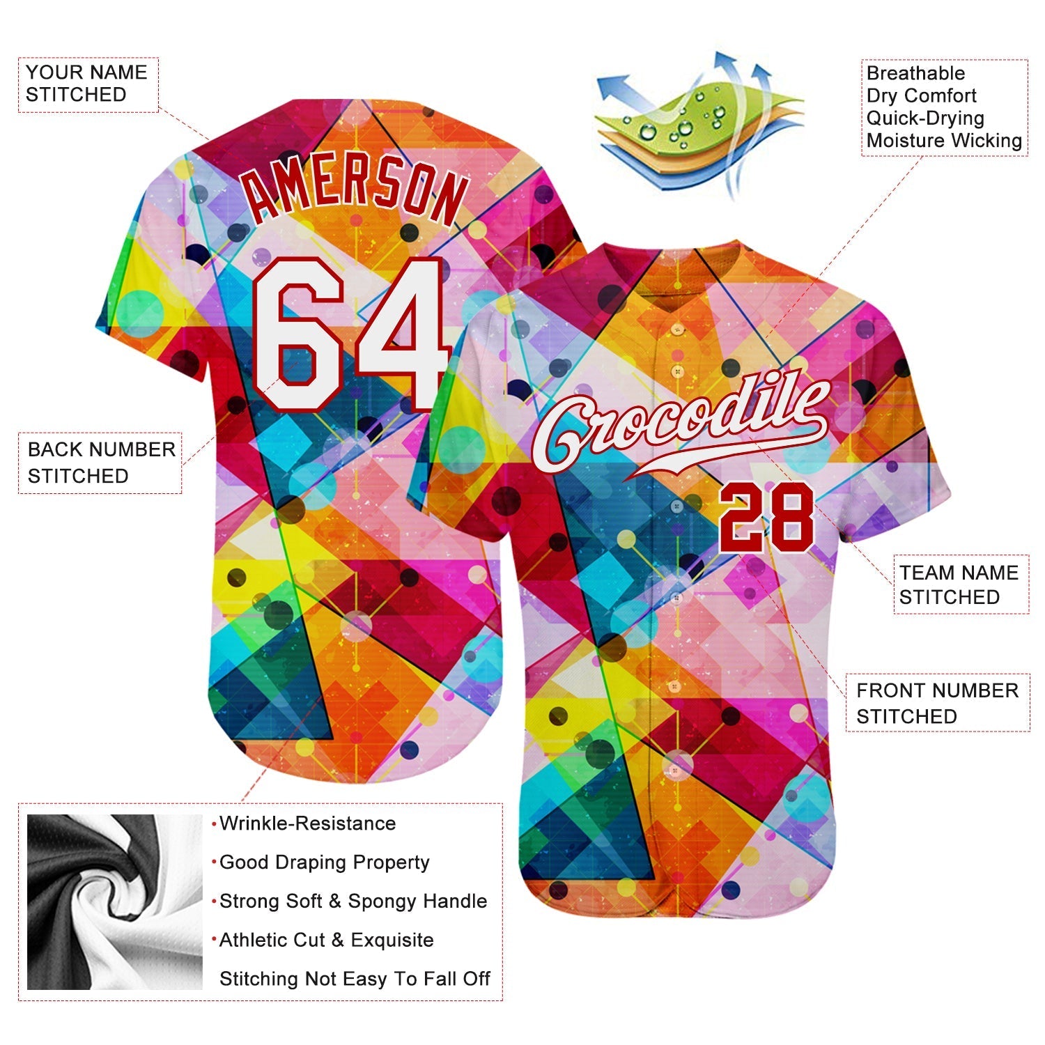 Custom Red White-Red 3D Pattern Design Geometric Graffiti Authentic Baseball Jersey baseball jersey product view 3
