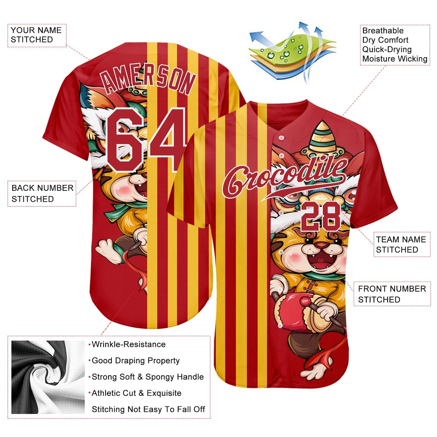 Custom Red Red-White 3D Pattern Design Cute Tiger Authentic Baseball Jersey baseball jersey product view 3