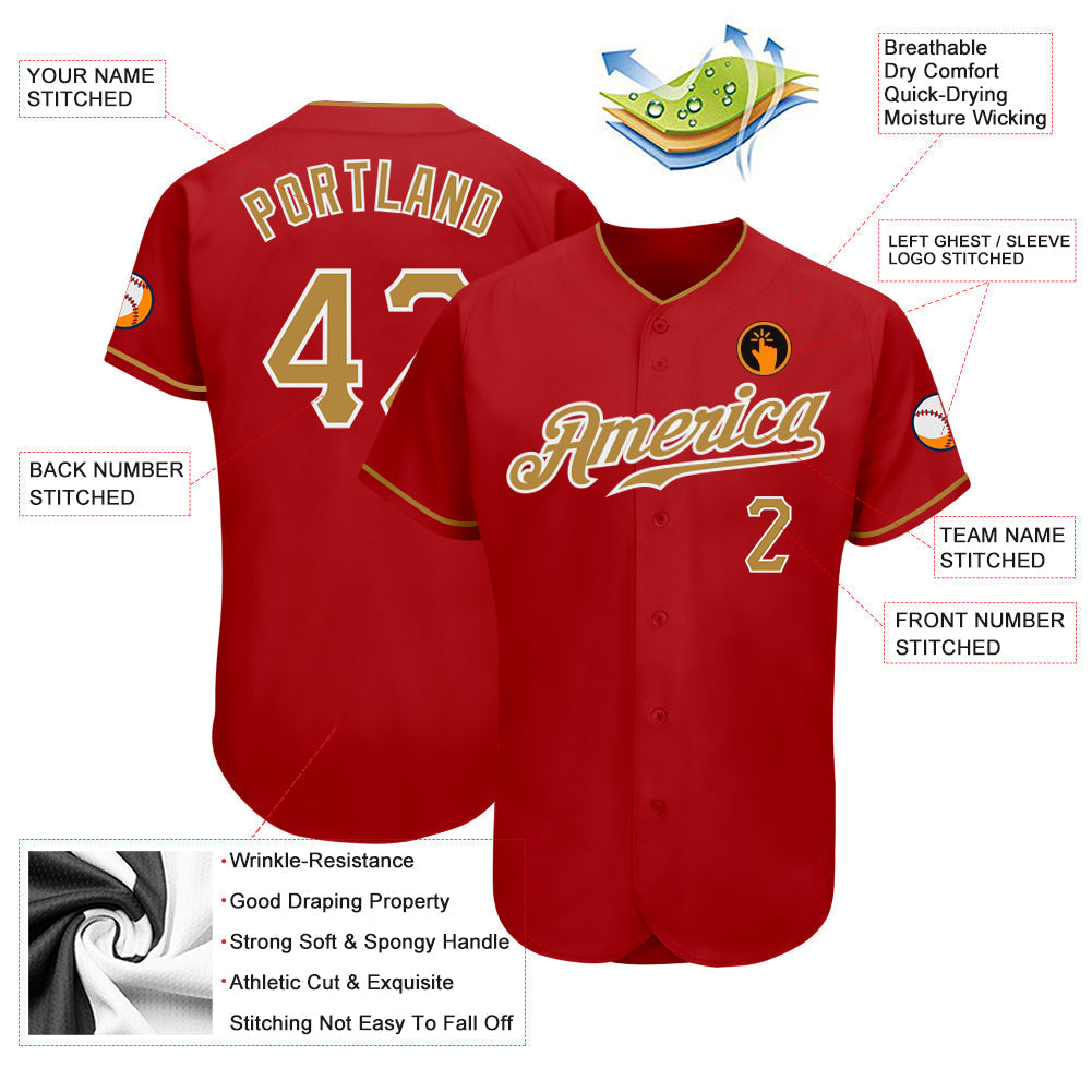 Custom Red Old Gold-White Authentic Baseball Jersey baseball jersey product view 3