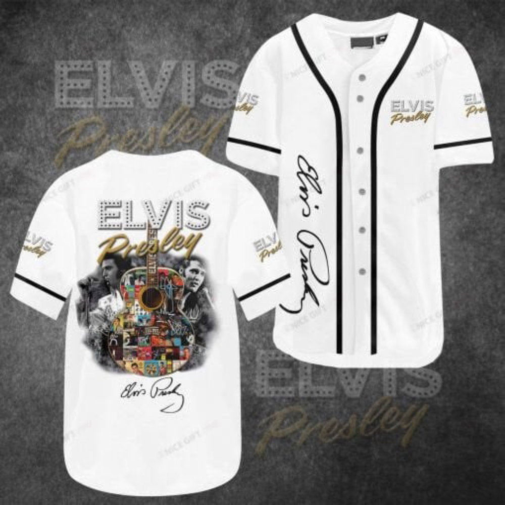 Rock n Roll Icon: Elvis Presley White Printed Black Baseball Jersey baseball jersey product view 2
