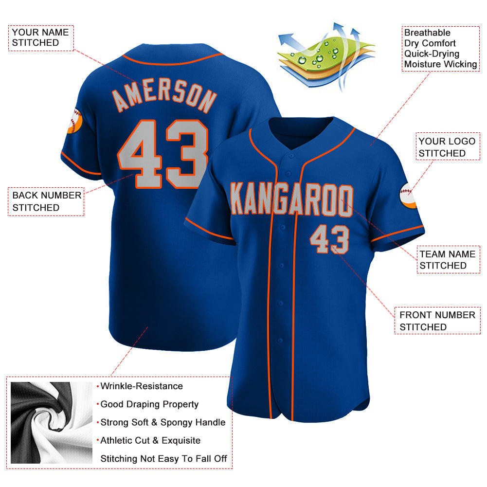Custom Royal Gray-Orange Authentic Baseball Jersey baseball jersey product view 3