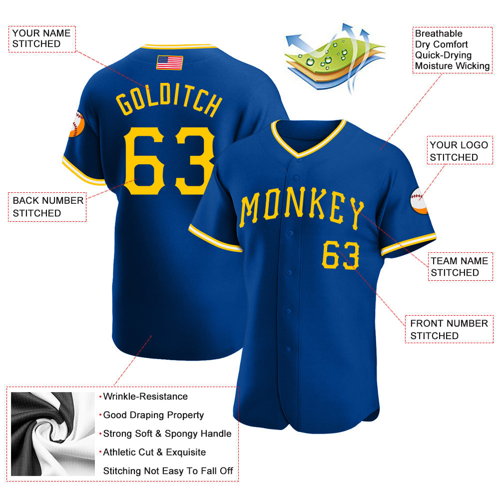 Custom Royal Gold-White Authentic American Flag Fashion Baseball Jersey baseball jersey product view 3