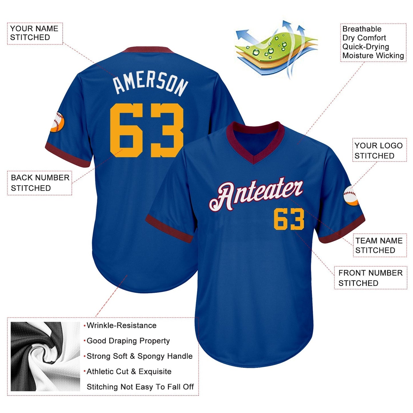 Custom Royal Gold-Maroon Authentic Throwback Rib-Knit Baseball Jersey Shirt baseball jersey product view 4