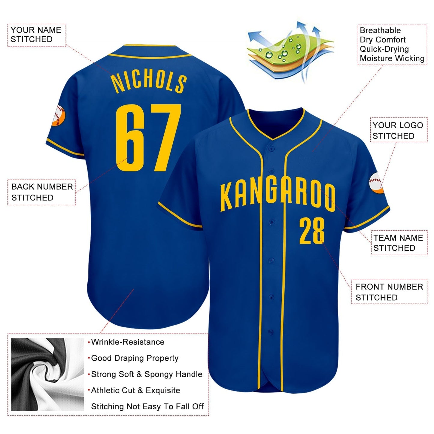 Custom Royal Gold Authentic Baseball Jersey baseball jersey product view 3