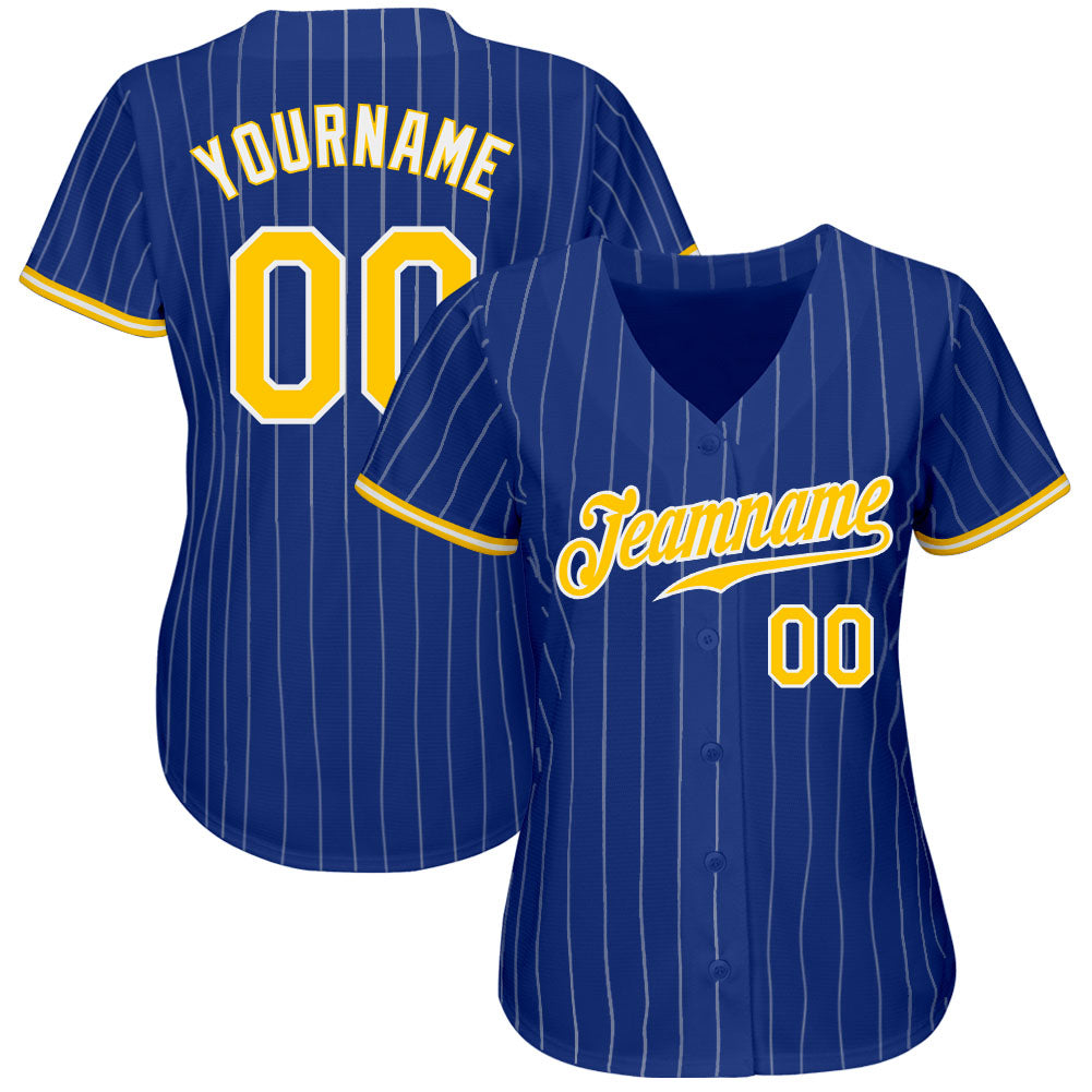 Custom Royal White Pinstripe Gold-White Authentic Baseball Jersey baseball jersey product view 3
