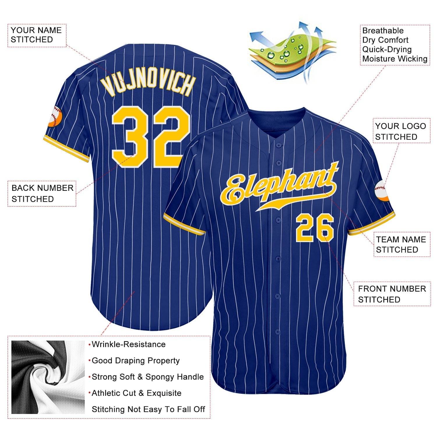 Custom Royal White Pinstripe Gold-White Authentic Baseball Jersey baseball jersey product view 4