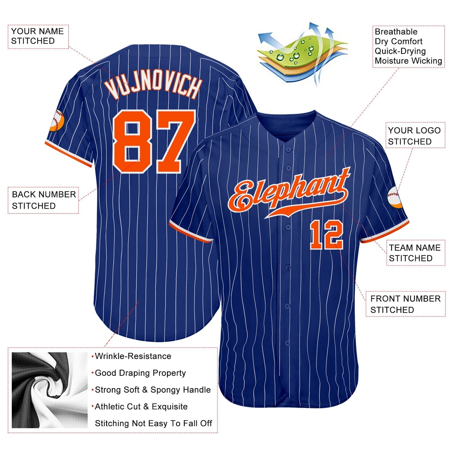 Custom Royal White Pinstripe Orange-White Authentic Baseball Jersey baseball jersey product view 3