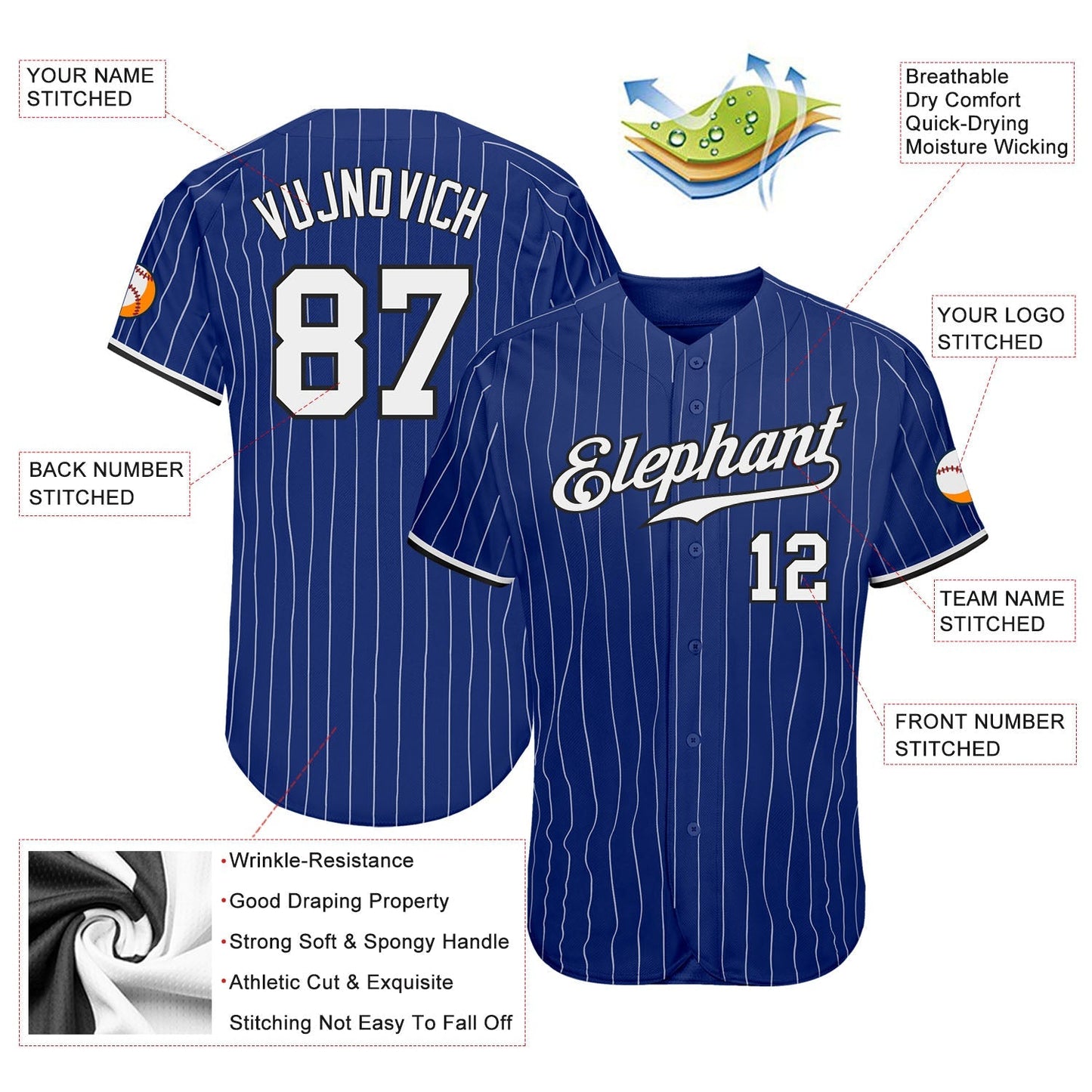 Custom Royal White Pinstripe White-Black Authentic Baseball Jersey baseball jersey product view 3