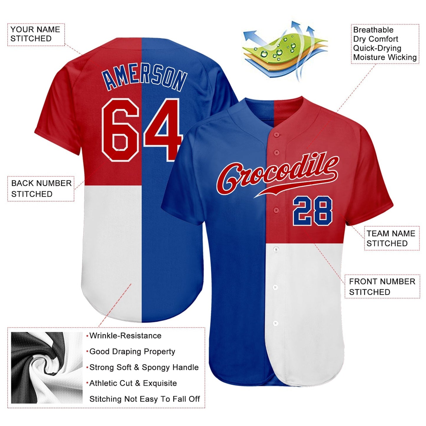 Custom Royal Red-White 3D Pattern Design Multicolor Authentic Baseball Jersey baseball jersey product view 3