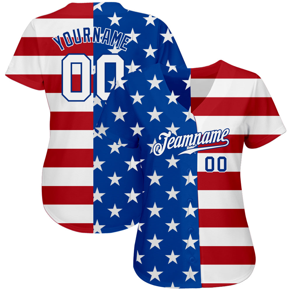 Custom Royal White-Red American Flag Fashion Authentic Baseball Jersey baseball jersey product view 3