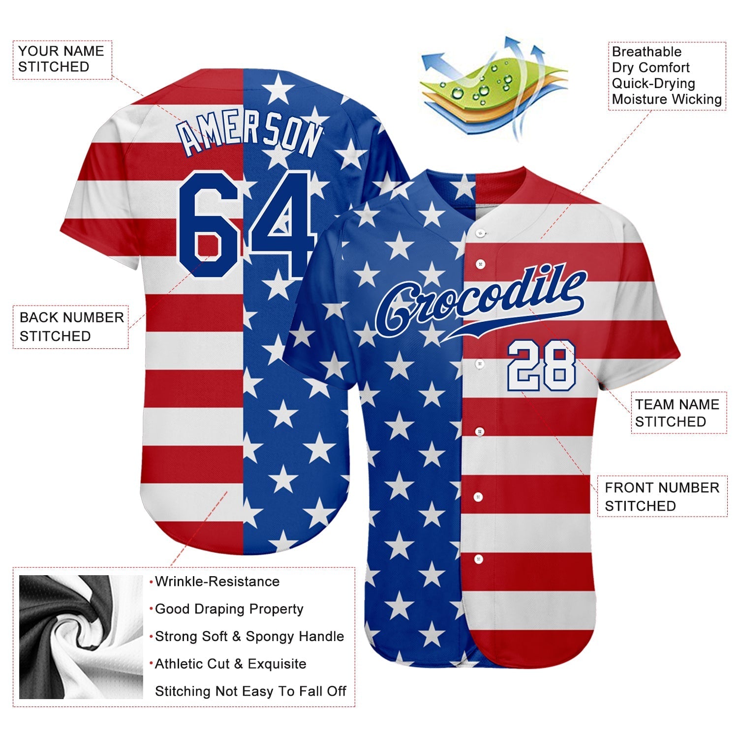 Custom Royal White-Red American Flag Fashion Authentic Baseball Jersey baseball jersey product view 4