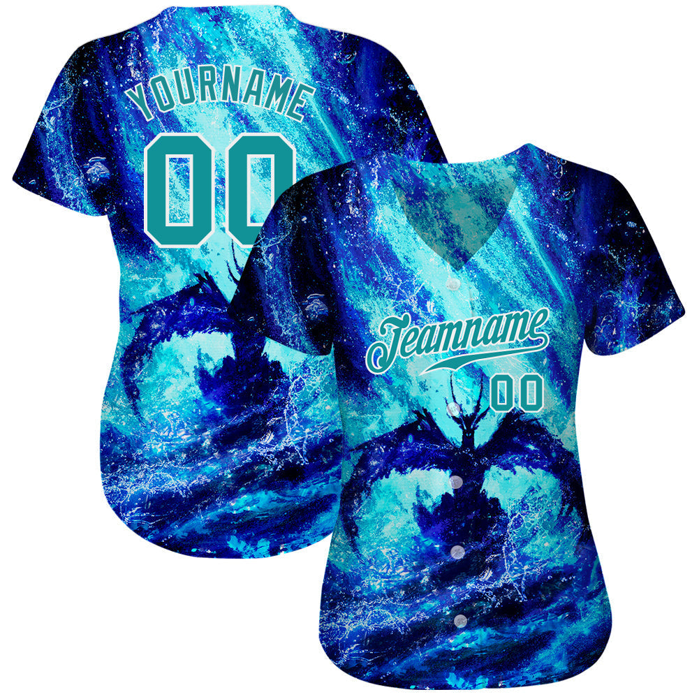 Custom Royal Teal-White 3D Pattern Design Water Dragon Authentic Baseball Jersey baseball jersey product view 3