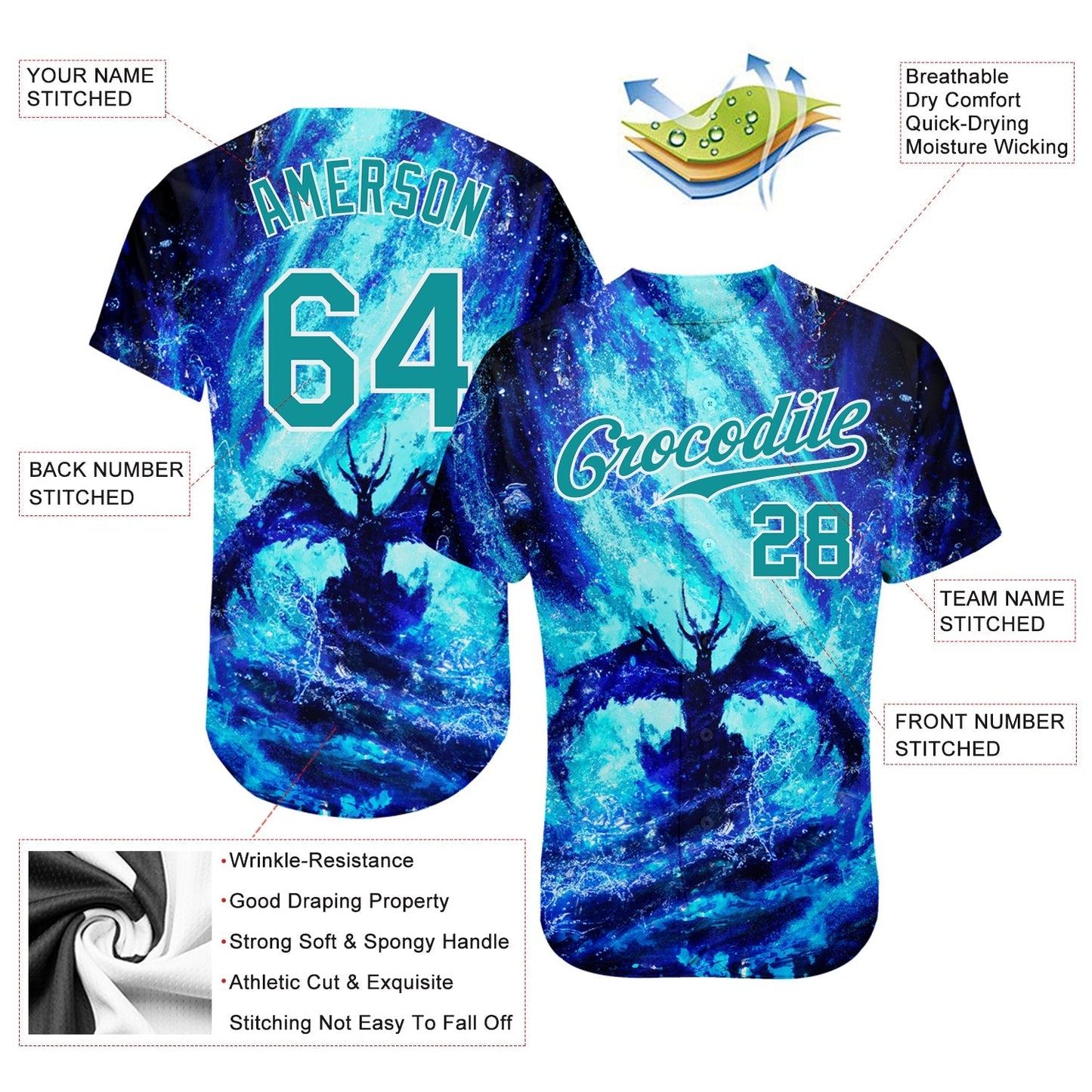 Custom Royal Teal-White 3D Pattern Design Water Dragon Authentic Baseball Jersey baseball jersey product view 4