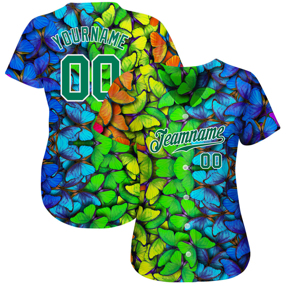 Custom Royal Kelly Green-White 3D Pattern Design Multicolored Butterflies Authentic Baseball Jersey baseball jersey product view 2