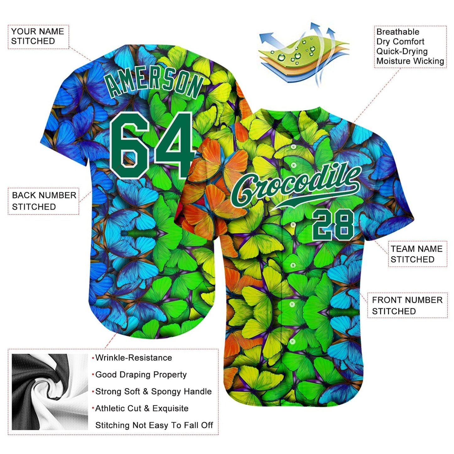 Custom Royal Kelly Green-White 3D Pattern Design Multicolored Butterflies Authentic Baseball Jersey baseball jersey product view 3