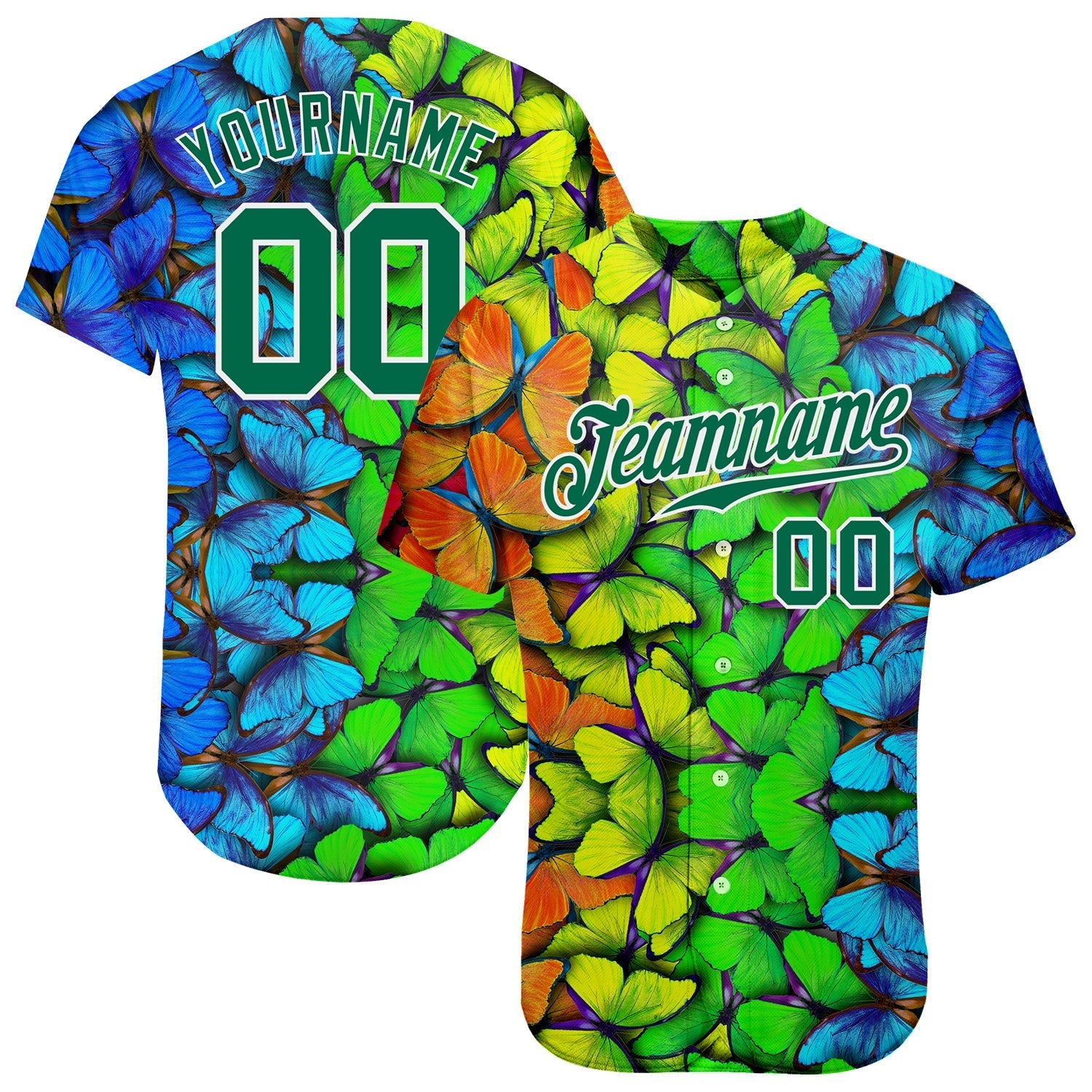 Custom Royal Kelly Green-White 3D Pattern Design Multicolored Butterflies Authentic Baseball Jersey baseball jersey product view 1