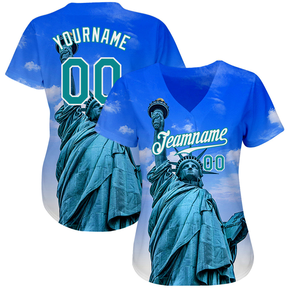 Custom Royal Kelly Green-White 3D Pattern Design Statue Of Liberty Authentic Baseball Jersey baseball jersey product view 2