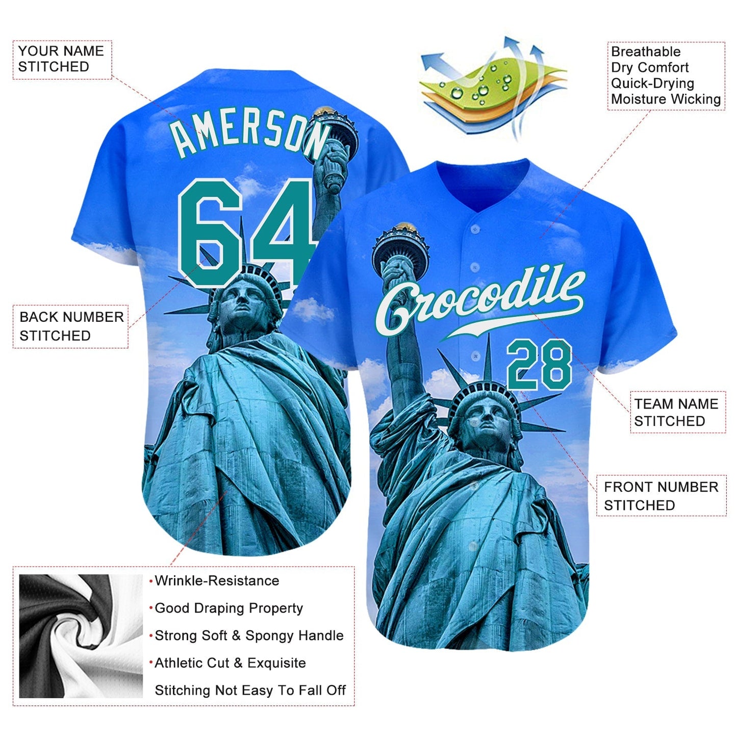 Custom Royal Kelly Green-White 3D Pattern Design Statue Of Liberty Authentic Baseball Jersey baseball jersey product view 3