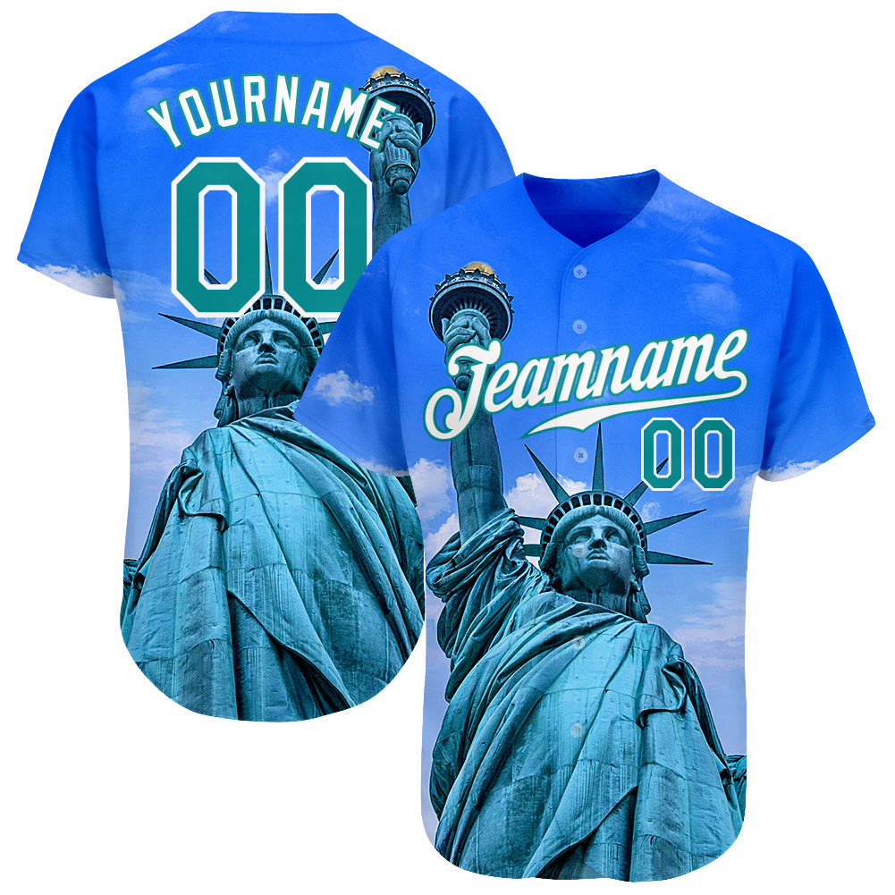 Custom Royal Kelly Green-White 3D Pattern Design Statue Of Liberty Authentic Baseball Jersey baseball jersey product view 1