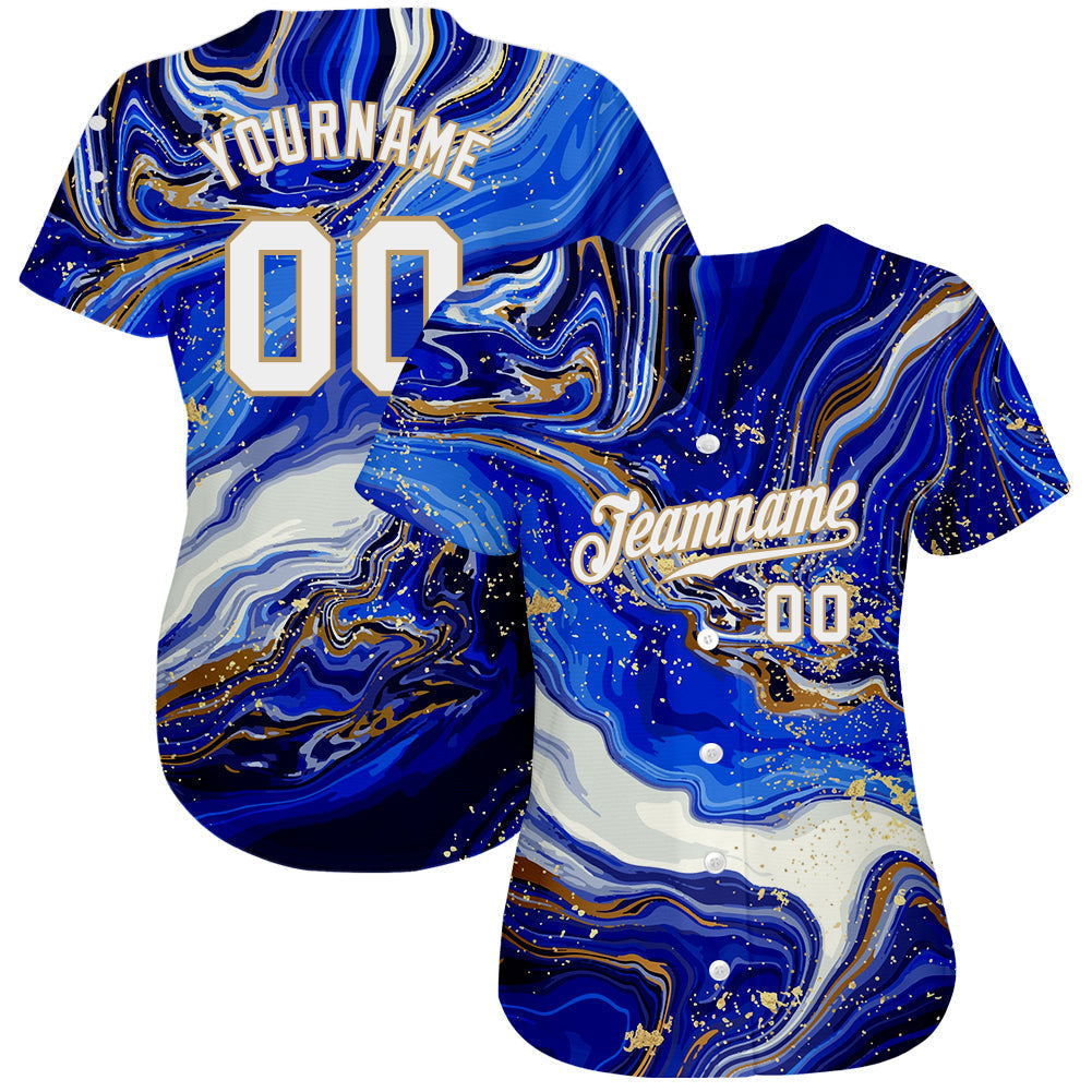 Custom Royal White-Old Gold 3D Pattern Design Marble Authentic Baseball Jersey baseball jersey product view 2