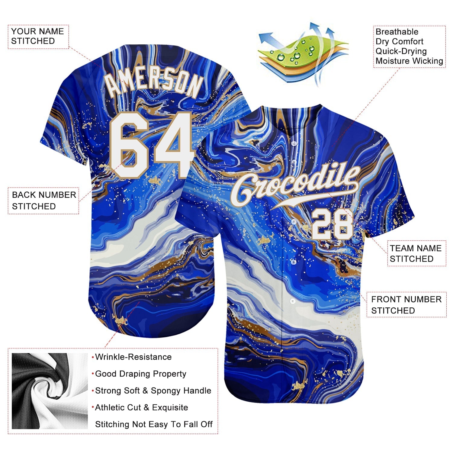 Custom Royal White-Old Gold 3D Pattern Design Marble Authentic Baseball Jersey baseball jersey product view 3