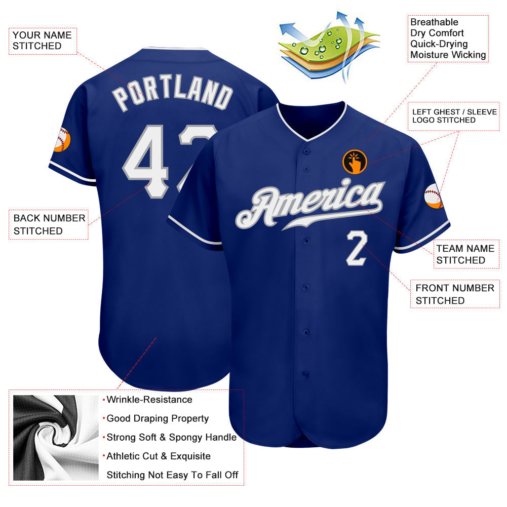 Custom Royal White-Gray Authentic Baseball Jersey baseball jersey product view 3