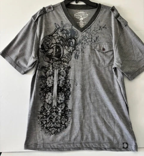 Authentic Denim & Rivets Gray Black Short Sleeve V Neck T Shirt XL Graphic Urban Unisex T-shirt, Sweatshirt, Hoodie, Long Sleeve Tee - T-Shirt, Sweatshirt, Hoodie
