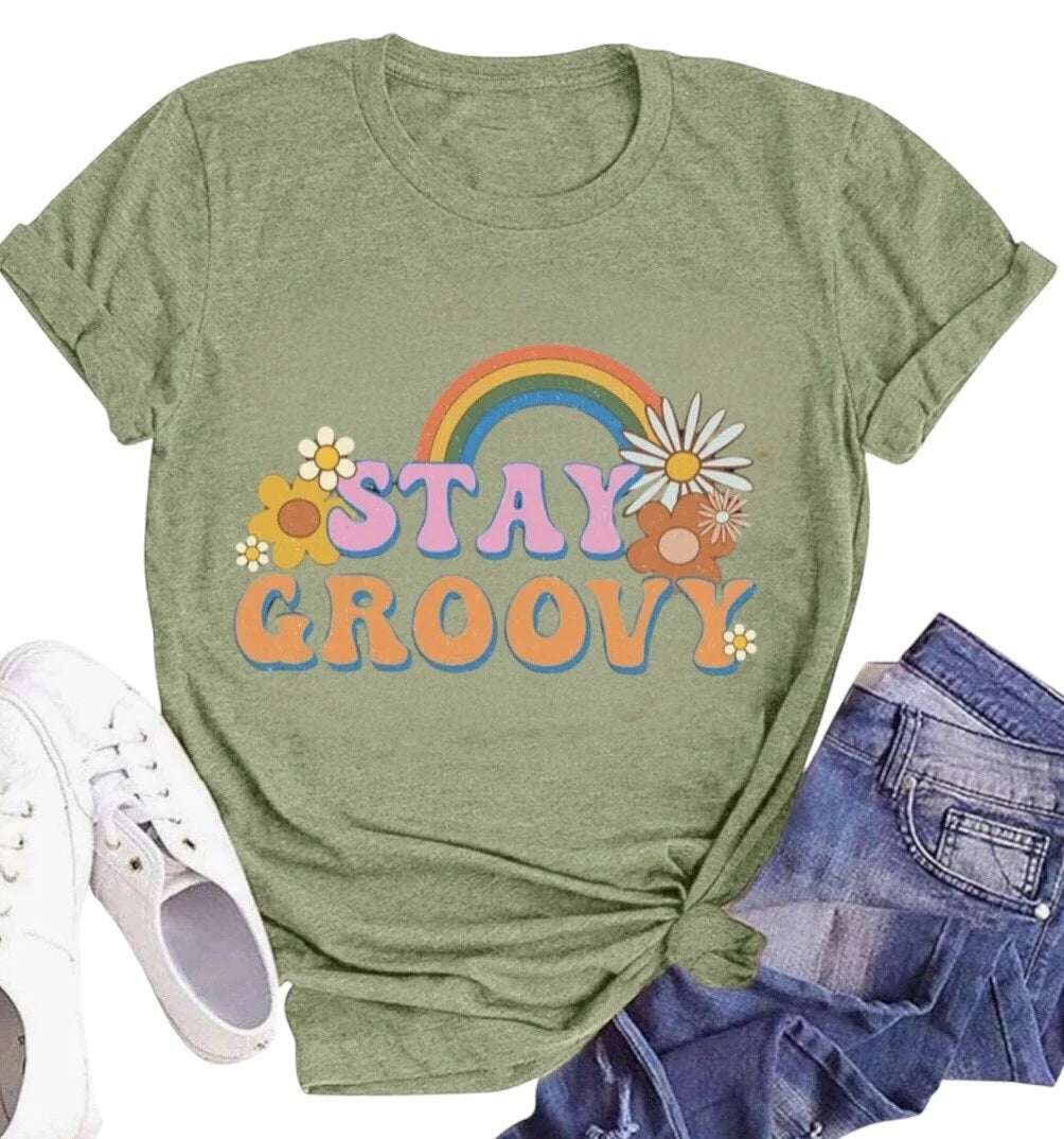 Stay Groovy Rainbow T-Shirt | Retro Hippie 70s Flower Graphic Tee Tops Medium Unisex T-shirt, Sweatshirt, Hoodie, Long Sleeve Tee - T-Shirt, Sweatshirt, Hoodie