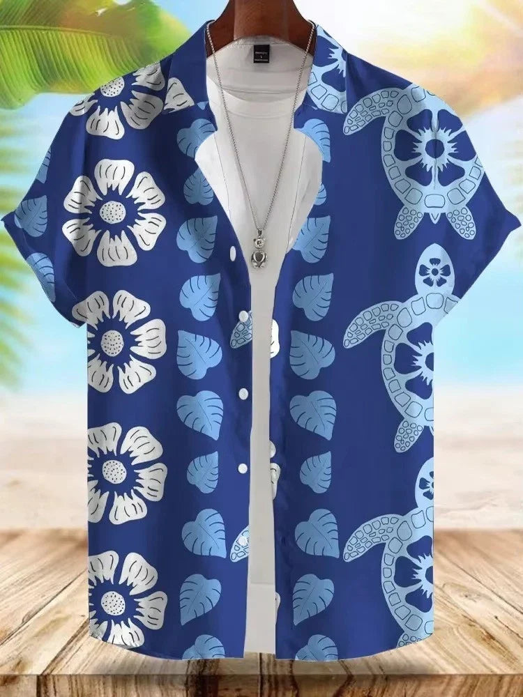 Mens Button Down Blue Sea Turtle Floral Hawaiian Novelty Holiday Summer Shirt Unisex T-shirt, Sweatshirt, Hoodie, Long Sleeve Tee - T-Shirt, Sweatshirt, Hoodie