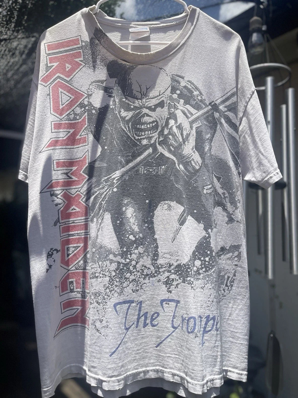 Vintage 2000s THRASHED Iron Maiden THE TROOPER AOP All Over Print Tee Size L Unisex T-shirt, Sweatshirt, Hoodie, Long Sleeve Tee - T-Shirt, Sweatshirt, Hoodie