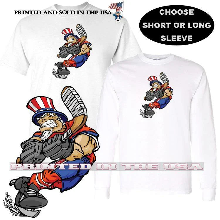 Uncle Sam Patriotic Ice Hockey Sport Team Mascot Player Cartoon Custom T Shirt Unisex T-shirt, Sweatshirt, Hoodie, Long Sleeve Tee - T-Shirt, Sweatshirt, Hoodie