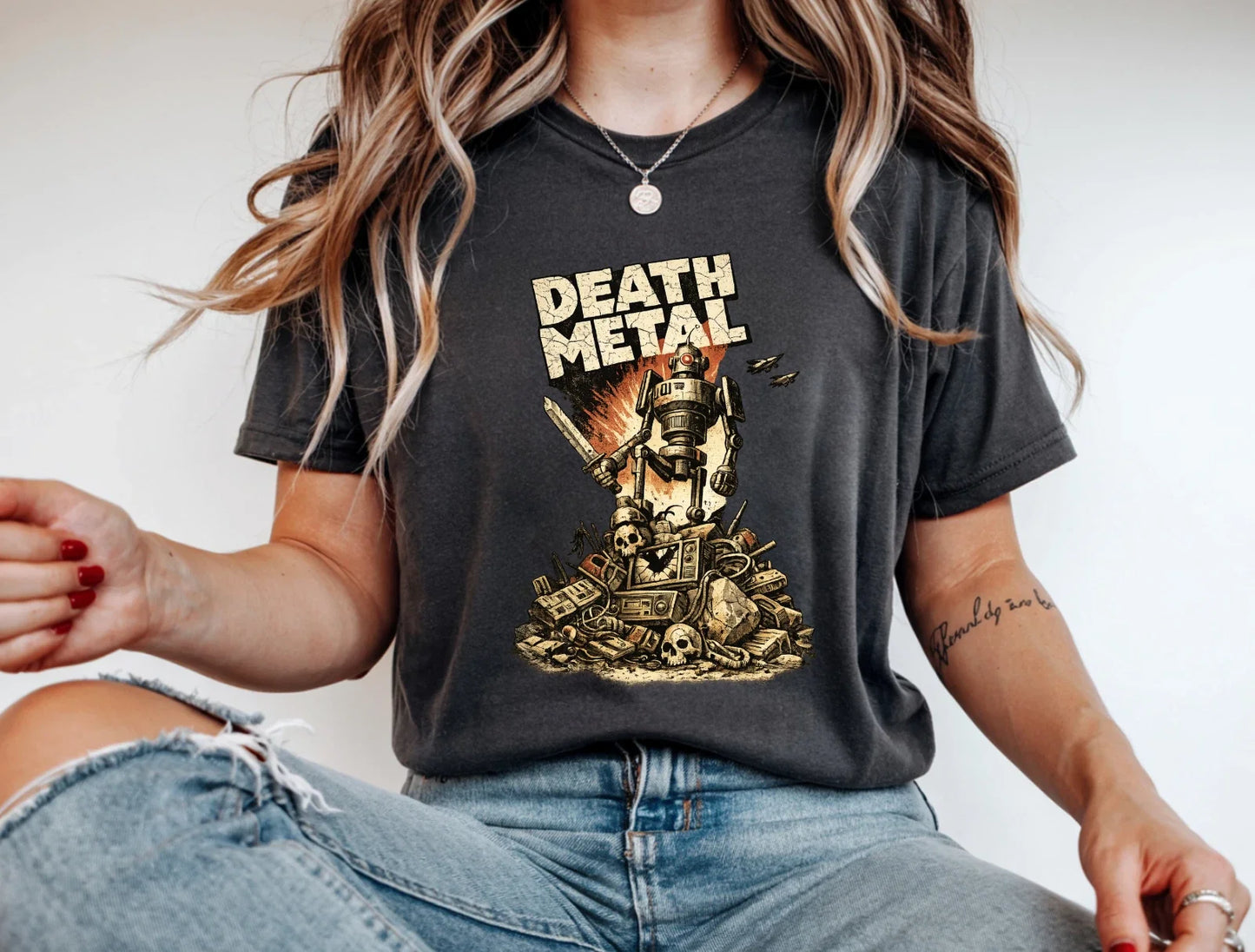 Death Metal Robot T-Shirt Vintage Retro Sci Fi Mecha Skull Graphic Heavy Metal Unisex T-shirt, Sweatshirt, Hoodie, Long Sleeve Tee - T-Shirt, Sweatshirt, Hoodie