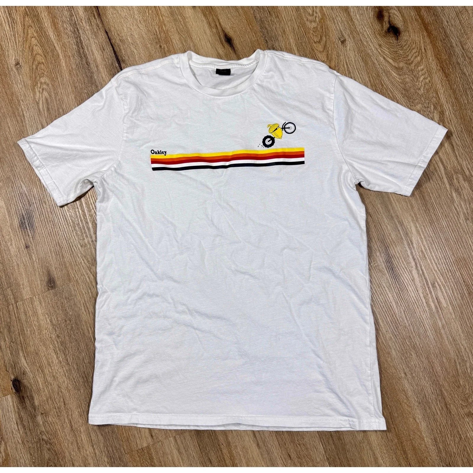 Oakley Rainbow Stripe Graphic T Shirt White Acorn Bike BMX Y2K Style Mens L-XL Unisex T-shirt, Sweatshirt, Hoodie, Long Sleeve Tee - T-Shirt, Sweatshirt, Hoodie