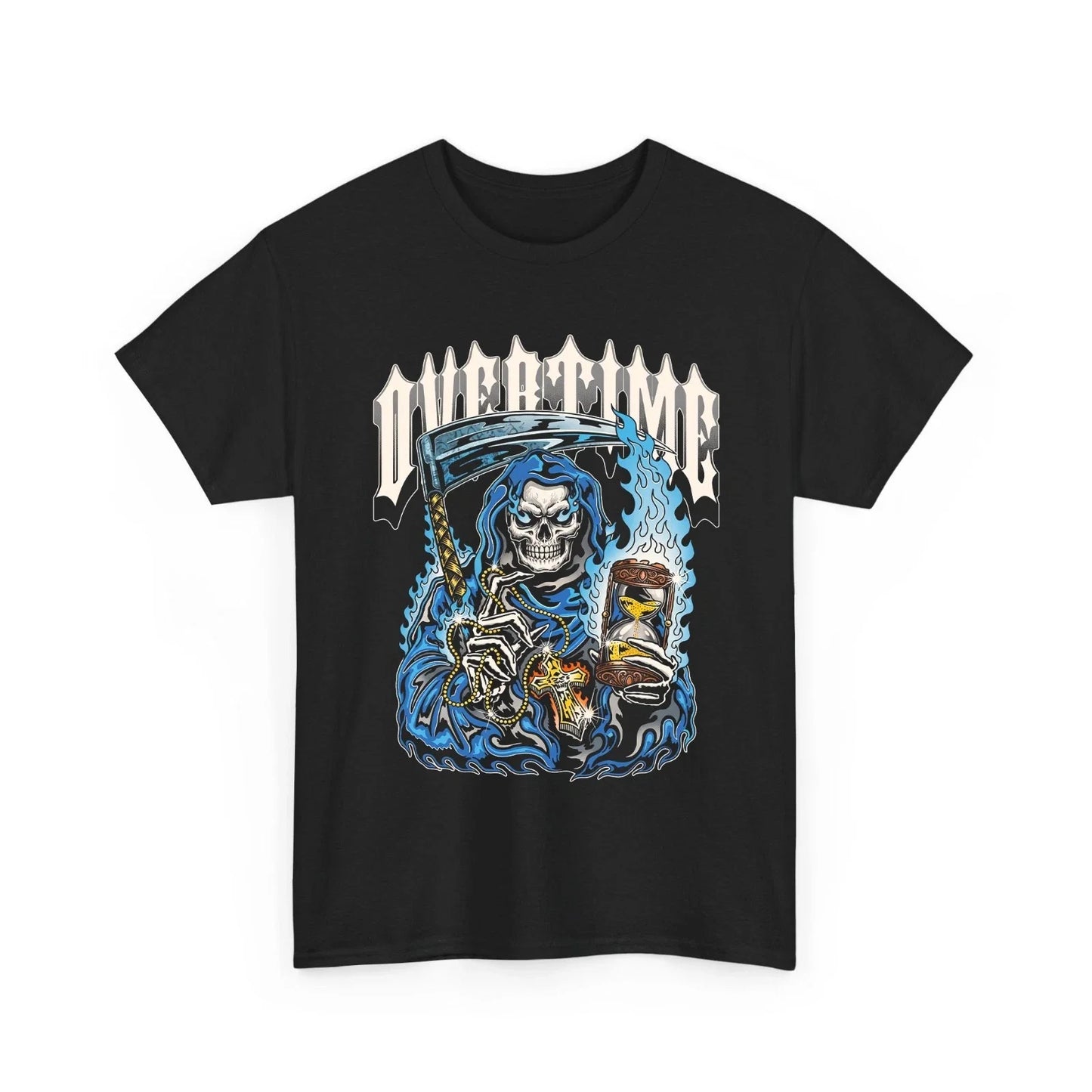 Grim Reaper Overtime Hourglass Blue Flames Dark Streetwear Graphic Tee Unisex T-shirt, Sweatshirt, Hoodie, Long Sleeve Tee - T-Shirt, Sweatshirt, Hoodie