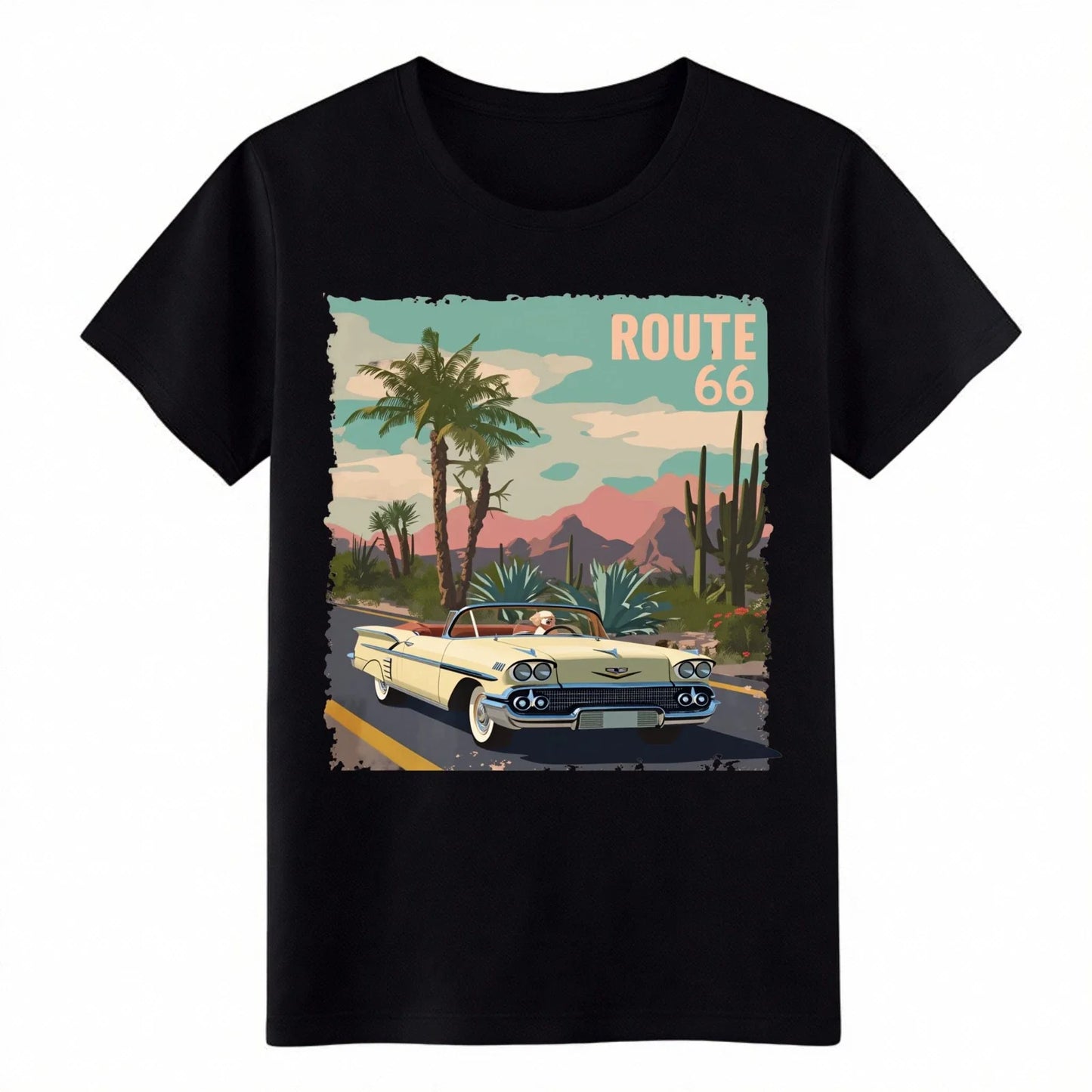 Route 66 Classic Convertible T-Shirt -Retro Desert Highway Road Trip Graphic Tee Unisex T-shirt, Sweatshirt, Hoodie, Long Sleeve Tee - T-Shirt, Sweatshirt, Hoodie