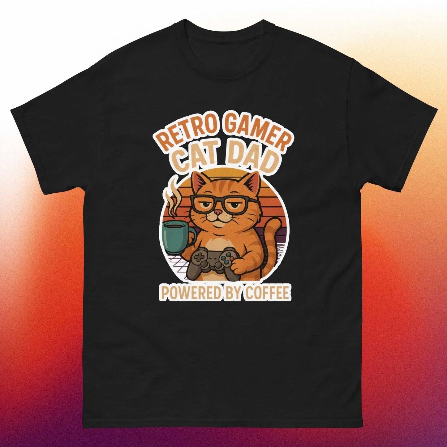Retro Gamer Cat Dad Funny Graphic Coffee Shirt | Gaming Cat Lover Mens Top Unisex T-shirt, Sweatshirt, Hoodie, Long Sleeve Tee - T-Shirt, Sweatshirt, Hoodie