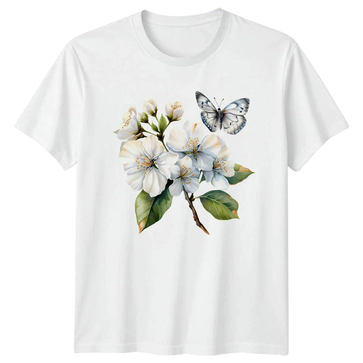 White Flowers Butterflies Nature Floral Unisex Mens Womens Graphic Tee Shirt Unisex T-shirt, Sweatshirt, Hoodie, Long Sleeve Tee - T-Shirt, Sweatshirt, Hoodie