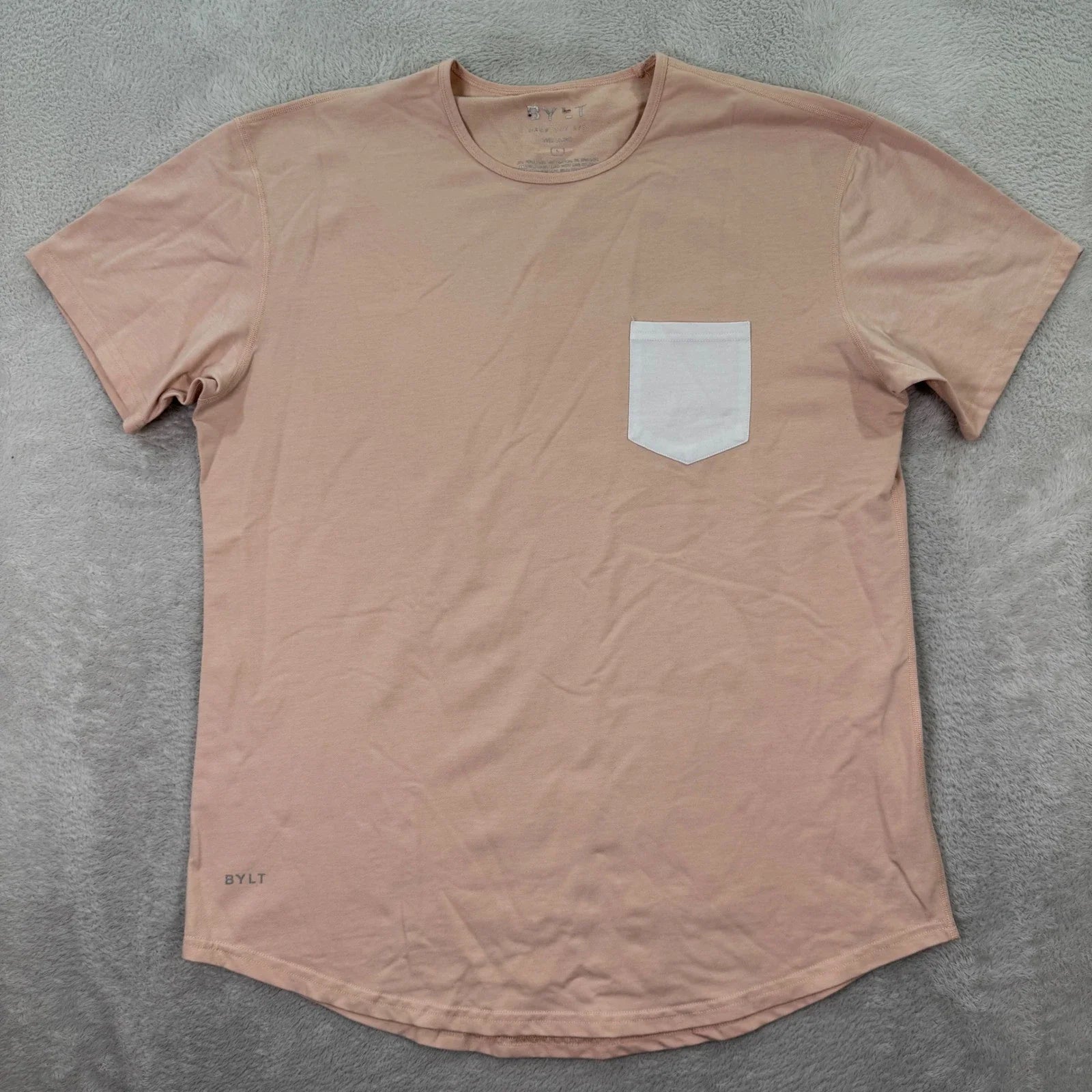 BYLT Basics Mens Large Drop Cut SS T-Shirt Peach Pink White Pocket Curved Hem Unisex T-shirt, Sweatshirt, Hoodie, Long Sleeve Tee - T-Shirt, Sweatshirt, Hoodie