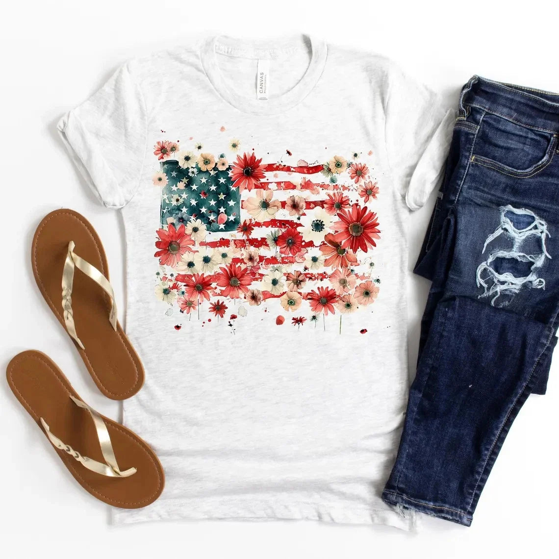 Floral American Flag Shirt Women Boho USA Patriotic 4th of July Tee Unisex T-shirt, Sweatshirt, Hoodie, Long Sleeve Tee - T-Shirt, Sweatshirt, Hoodie