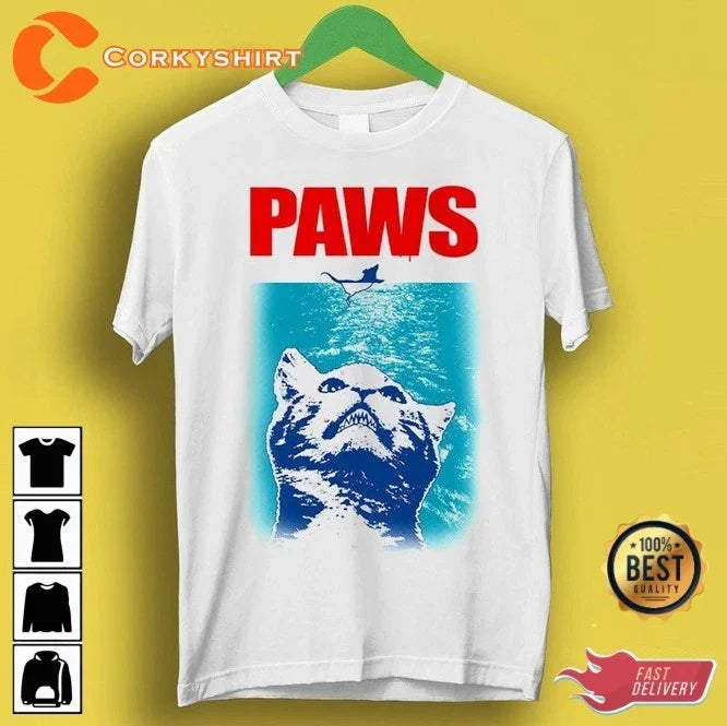Paws Jaws Cat Parody Design Meme Funny T-Shirt S-5XL FREE SHIPPING Unisex T-shirt, Sweatshirt, Hoodie, Long Sleeve Tee - T-Shirt, Sweatshirt, Hoodie