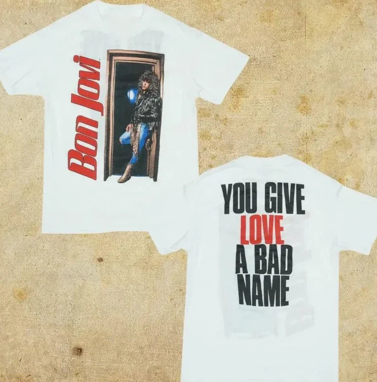 Double Sided 1986 BonJovi You Give Love A Bad Name Shirt Vintage 90s Bootleg Uni Unisex T-shirt, Sweatshirt, Hoodie, Long Sleeve Tee - T-Shirt, Sweatshirt, Hoodie
