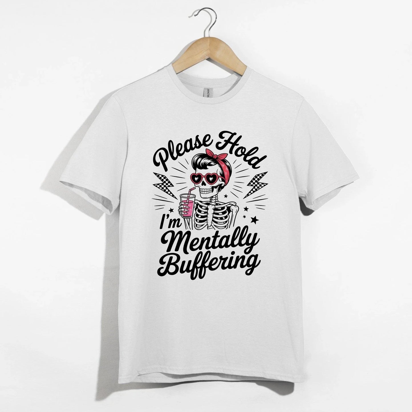 Please Hold Mentally Buffering Skeleton Shirt, Funny Sarcastic Heart Glasses Tee Unisex T-shirt, Sweatshirt, Hoodie, Long Sleeve Tee - T-Shirt, Sweatshirt, Hoodie