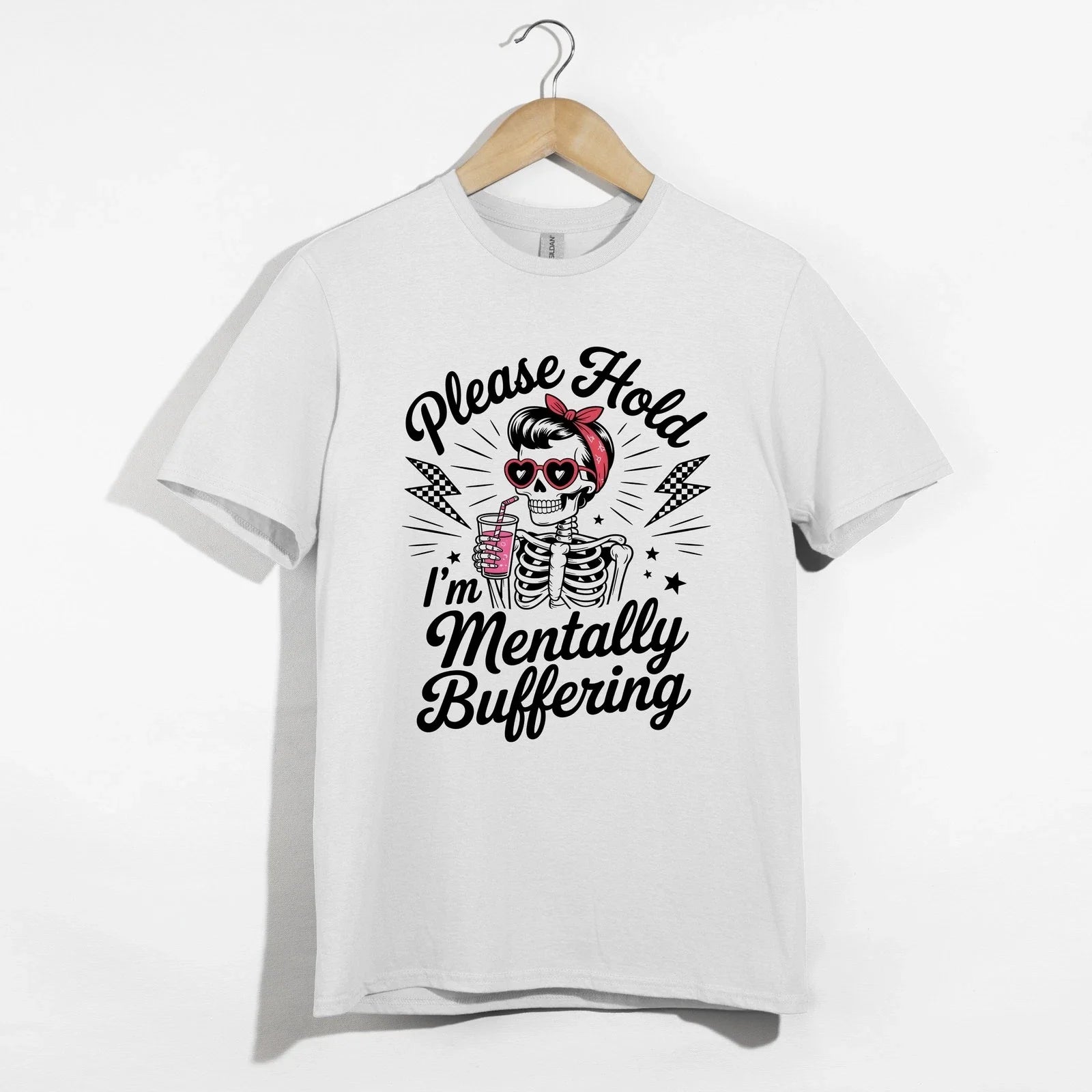 Please Hold Mentally Buffering Skeleton Shirt, Funny Sarcastic Heart Glasses Tee Unisex T-shirt, Sweatshirt, Hoodie, Long Sleeve Tee - T-Shirt, Sweatshirt, Hoodie